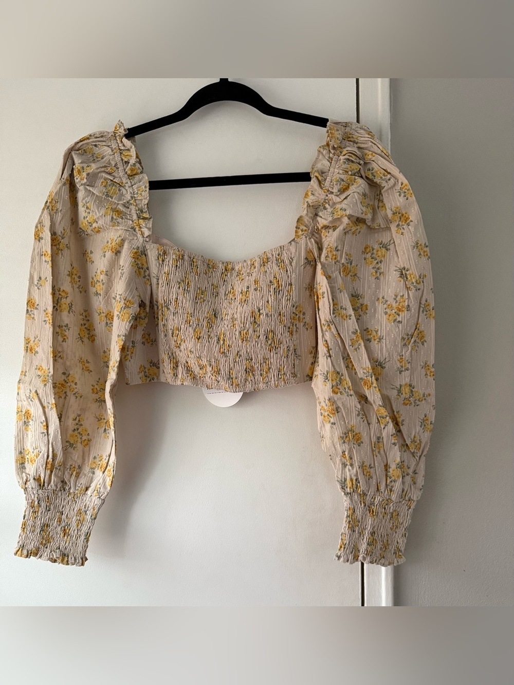 Storia Cotton Floral Print Peasant Romantic Crop Top Yellow Medium Boho Cottage - Picture 2 of 8